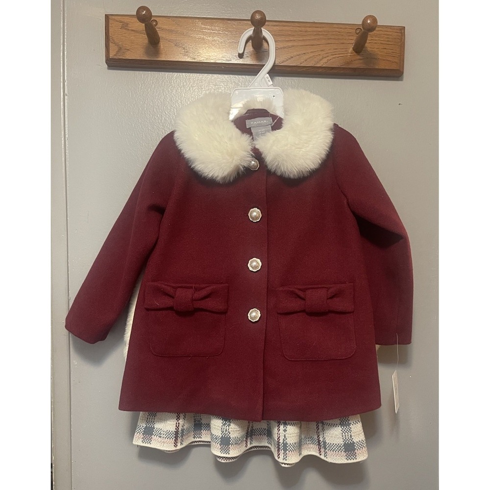 Tahari Baby Girl Coat Skirt Sweater And Cap Set Size 18 Mth Burgundy NWT Soft